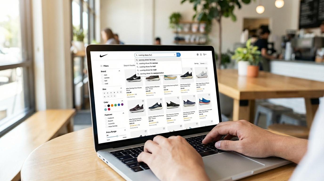 Modern ecommerce search interface showing AI-powered product discovery with filters and search suggestions