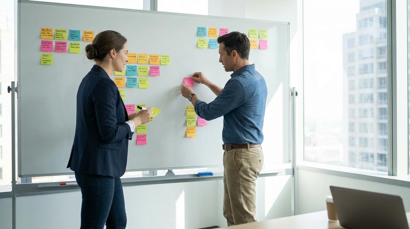 Team collaborating on platform migration planning with sticky notes on whiteboard